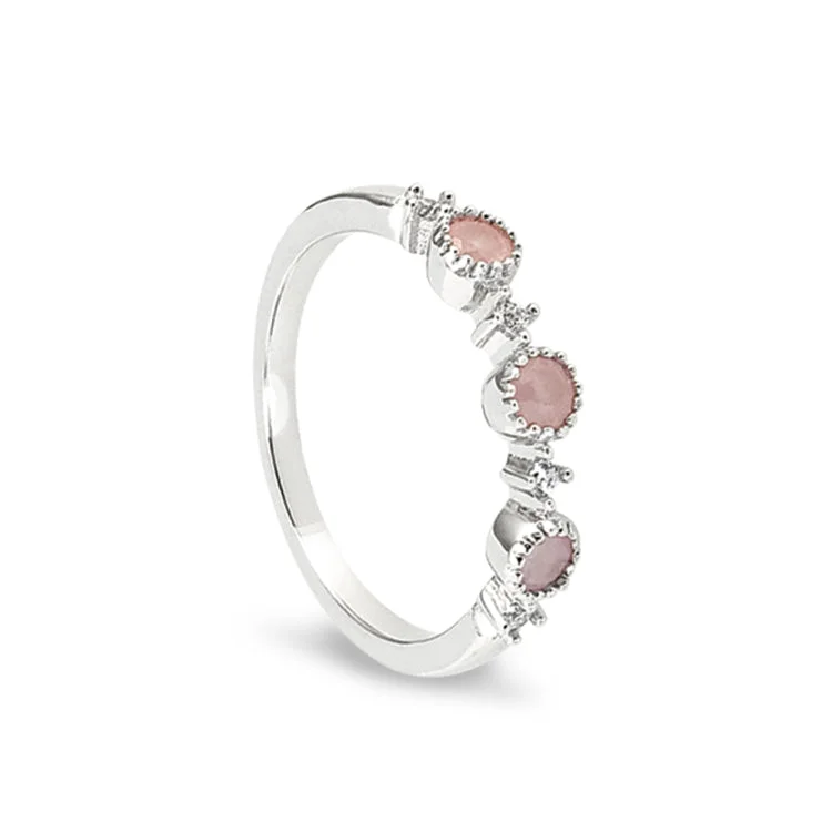 Engagement Rings With Birthstones-Platinum Finish Sterling Silver Pink 3 Stone Ring with Simulated Diamonds