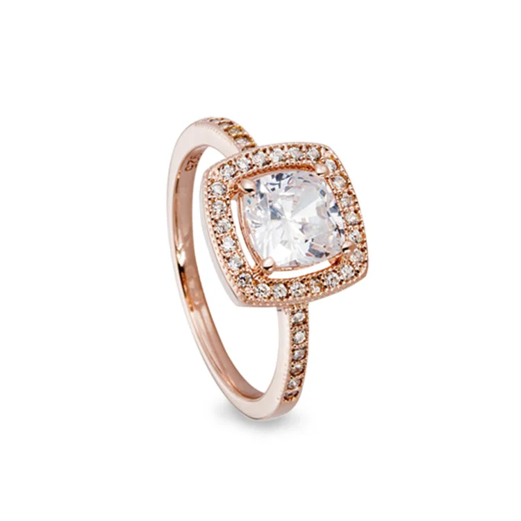 Eco-Friendly Engagement Rings-Rose Gold Finish Sterling Silver Micropave Cushion Cut Ring with 37 Simulated Diamonds