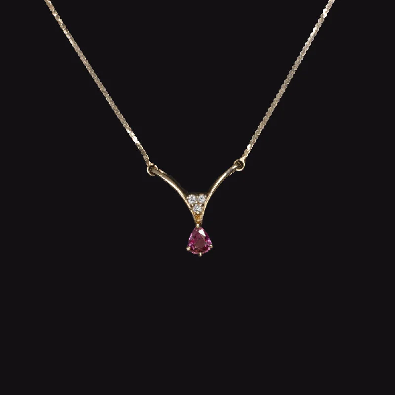 Simple Gold Chain Necklaces-PINK SAPPHIRE DIAMOND NECKLACE V SHAPE PENDANT 14k YELLOW GOLD DAINTY PEAR CUT