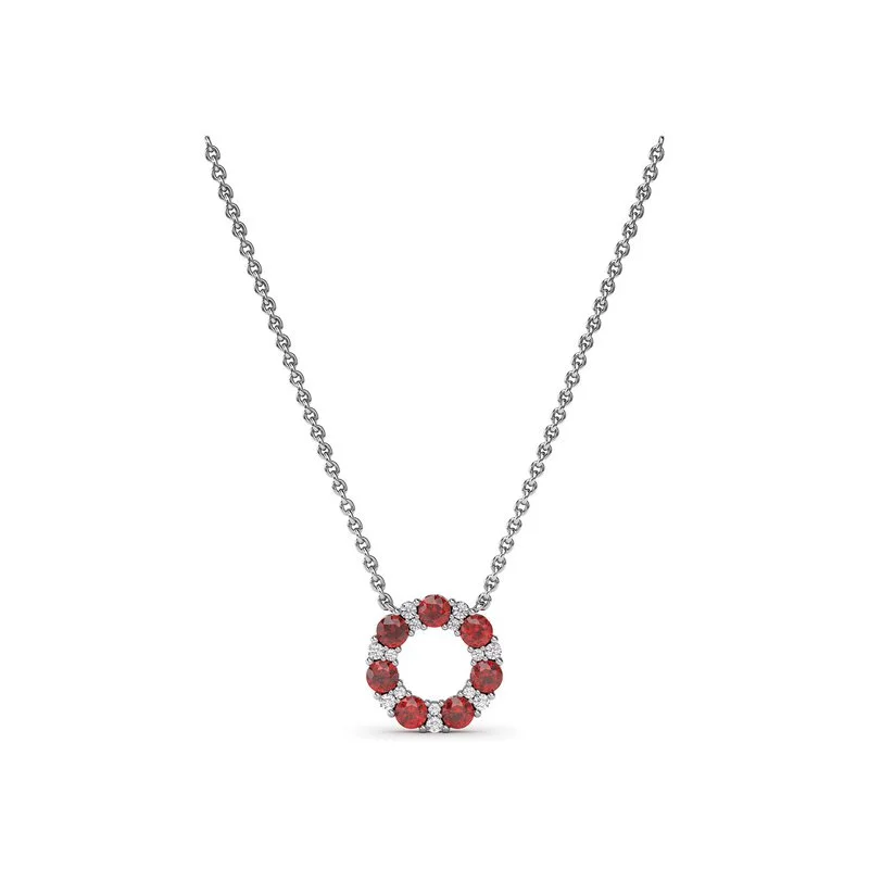 Birthstone Heart Necklaces-Shared Prong Ruby and Diamond Circle Necklace N1868R