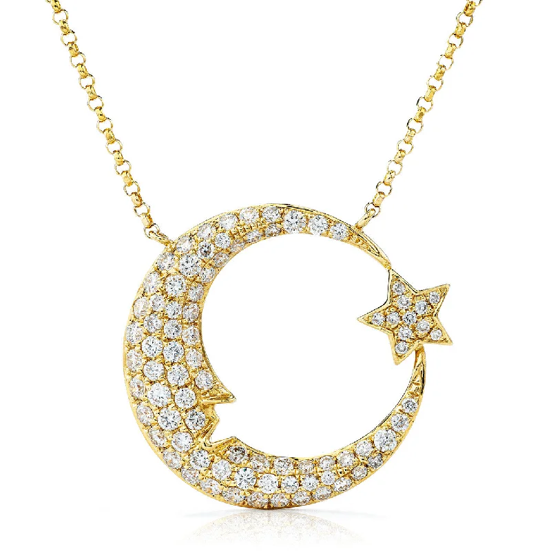 Two-tone Necklaces-18k Yellow Gold 0.94ct Diamond Moon and Star Necklace