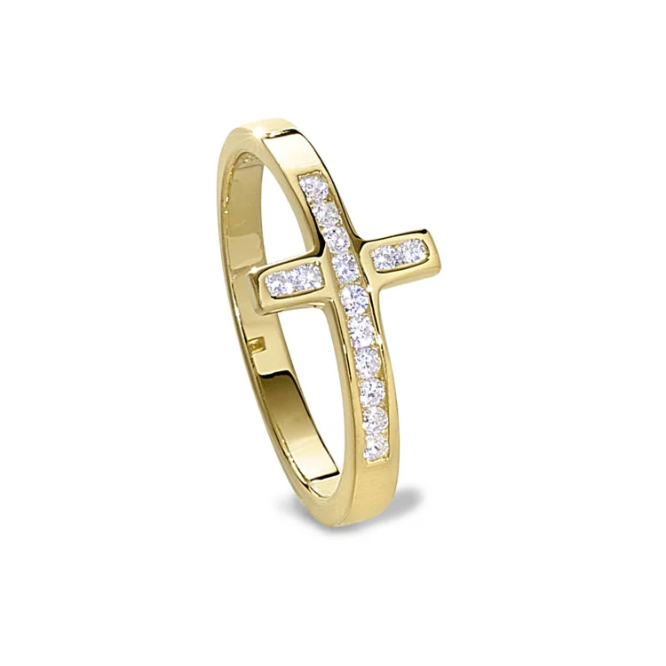 Fashion Wedding Rings-Gold Finish Sterling Silver Micropave Cross Ring with Simulated Diamonds - size 9