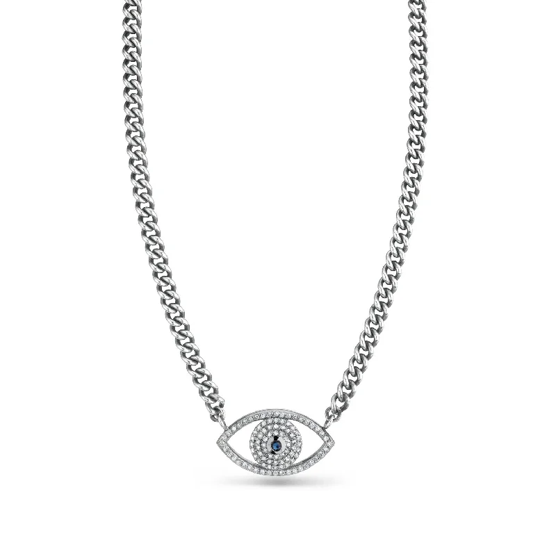 Sleek Gold Necklaces-Diamond and Sapphire Evil Eye on Short Chain Necklace N0000632