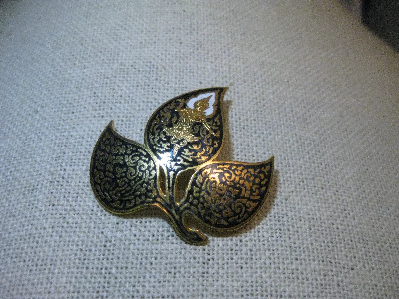 Antique Brooch For Collectors-Vintage SIAM  Damascene Brooch, Leaf Design, C-Clasp, Gold Tone, 1.5", Mid-Century