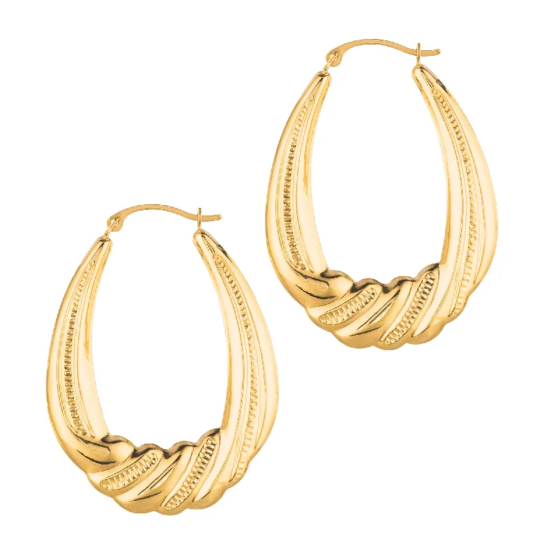 Simple Drop Hoop Earrings-14K Gold Graduated Puffy Oval Twist Back to Back Hoop Earring