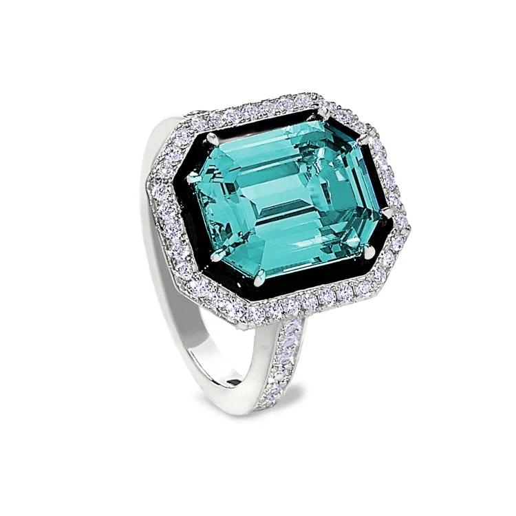 Handmade Wedding Rings-Platinum Finish Sterling Silver Micropave Black Enamel & Aqua Spinel Octagon Ring with Simulated Diamonds - Size 7