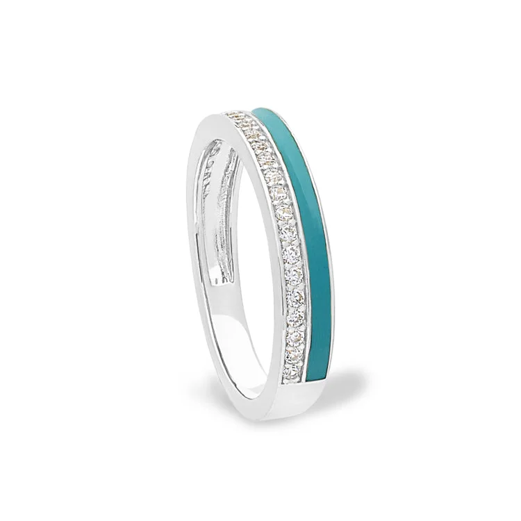 Sapphire Rings-Platinum Finish Sterling Silver Micropave Ring with with Turquoise Enamel and Simulated Diamondss