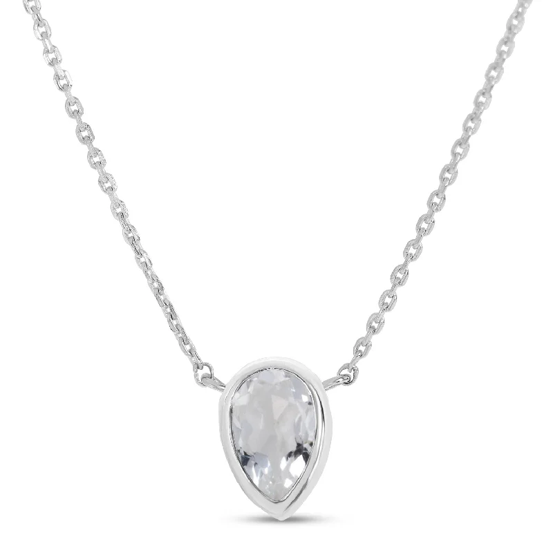 Men’s Silver Necklaces-14K White Gold Pear White Topaz Birthstone Necklace P4334W-18-APR