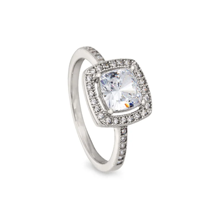 Eco-Friendly Engagement Rings-Platinum Finish Sterling Silver Micropave Cushion Cut Ring with 37 Simulated Diamonds