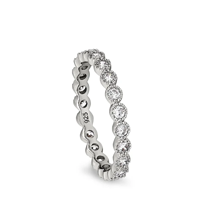 Fashion Rings-Platinum Finish Sterling Silver Beaded Bezel Ring with Simulated Diamonds