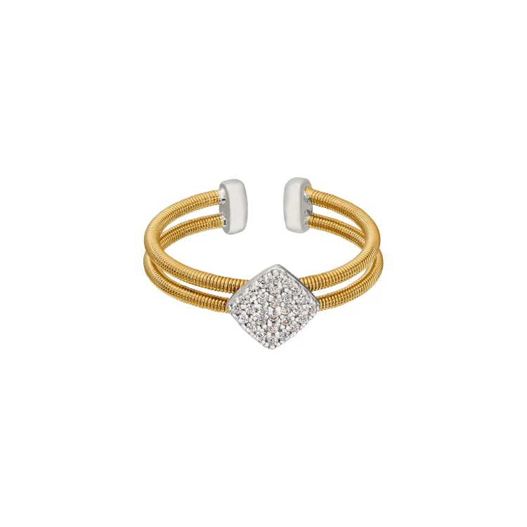 Cushion Cut Rings-Gold Finish Sterling Silver Two Cable Cuff Ring with Rhodium Finish Simulated Diamond Large Diamond Shape