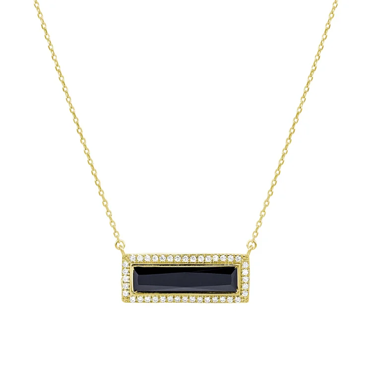 Birthstone Gold Necklaces-Gold Finish Sterling Silver Necklace with Rectangular Simulated Onyx Stone and Simulated Diamonds on 16" - 18" Chain