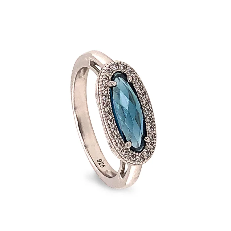 Sterling Silver Rings-Platinum Finish Sterling Silver Micropave Oblong Ring with Simulated London Blue Topaz and Simulated Diamonds