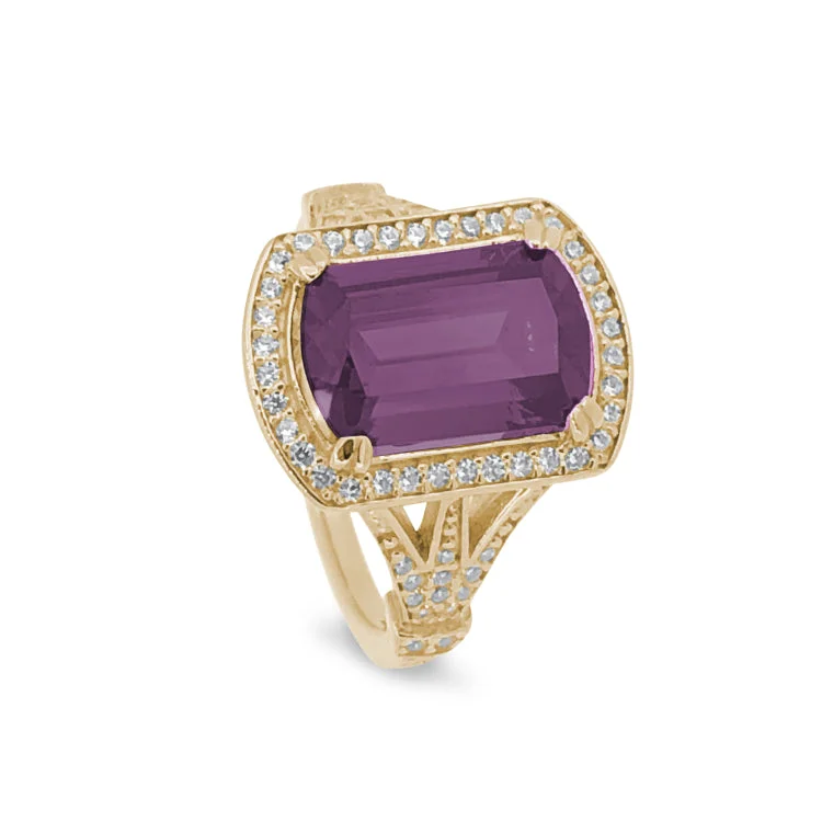 Promise Rings For Her-Gold Finish Sterling Silver Micropave Emerald Cut Pink Stone Ring with Simulated Diamongs