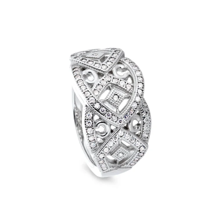 Elegant Engagement Rings-Platinum Finish Sterling Silver Micropave Art Deco Ring with 73 Simulated Diamonds