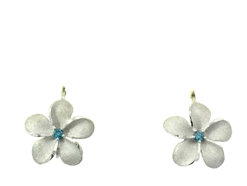 Luxury Gold Drop Earrings-Plumeria Leverback Earrings in White Gold with Blue Diamonds