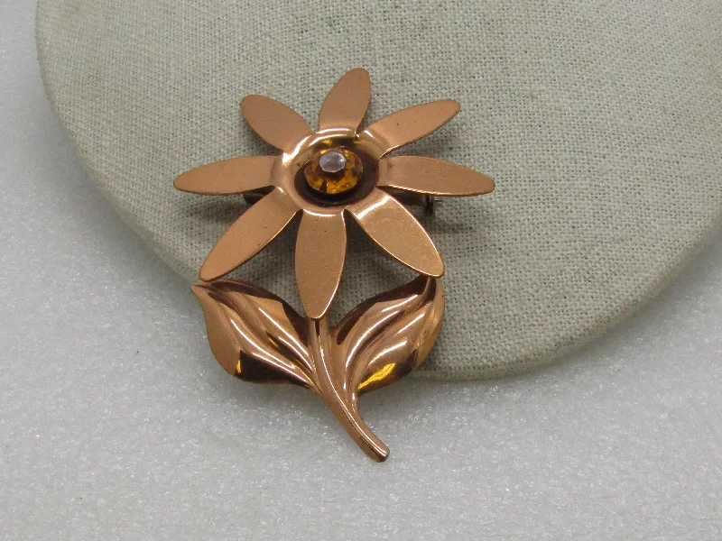 Brooch For Formal Gatherings-Vintage Copper Floral Brooch, Gold Rhinestone Center, 3.5" tall, 1940's-1950's