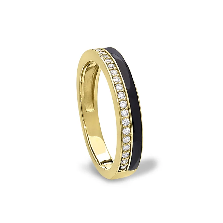 Rose Gold Rings-Gold Vermeil Sterling Silver Micropave Ring with with Black Enamel and Simulated Diamondss