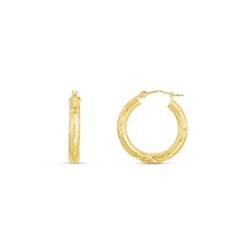 Simple Stud Crystal Earrings-14K Yellow Gold 3mm Diamond Cut & Polished Design Hoop Earring