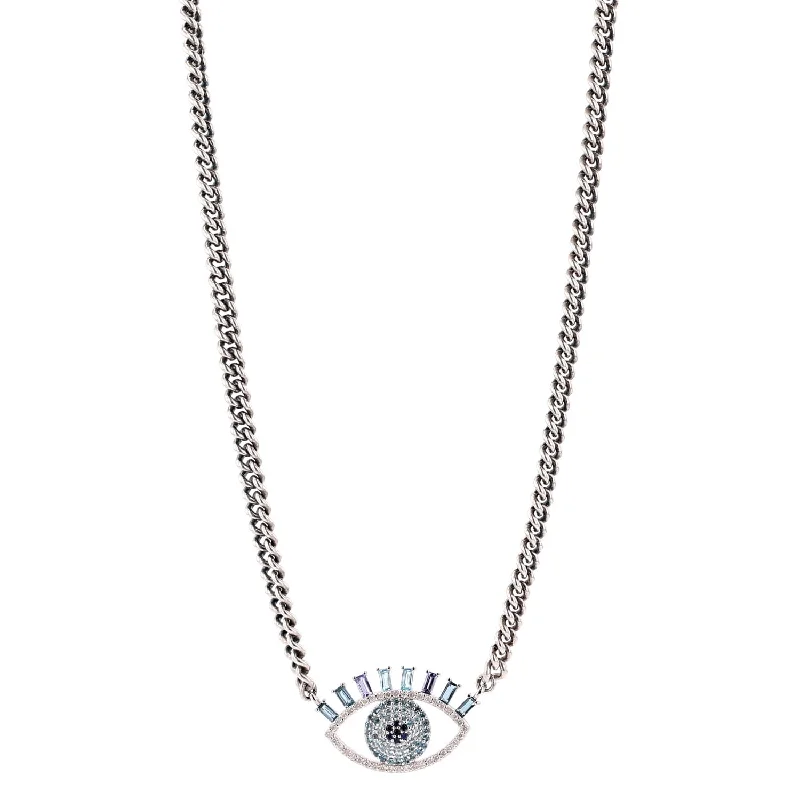 Crystal Pendant Necklaces-Open Eye Topaz and Tanzanite Evil Eye Necklace N0002731