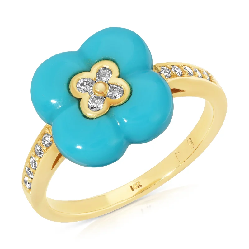 Stackable Wedding Bands-Vintage Daisy Turquoise Ring with Diamonds