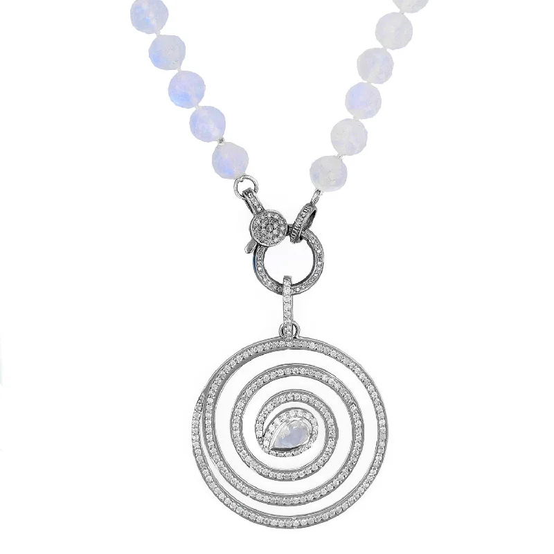 Elegant Diamond Necklaces-Diamond Open Waveform Spiral Moonstone Pendant on Rainbow Moonstone Necklace - 36"  N0003421