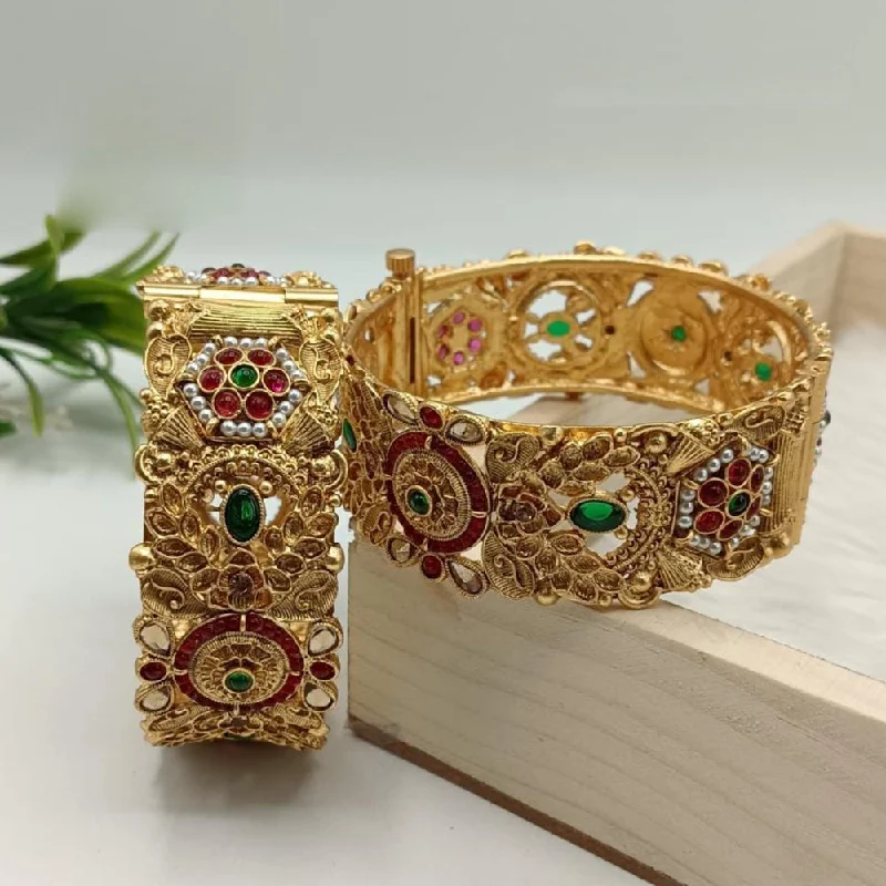 Bangles For Rajasthani Look-FS Collection Gold Plated Pota Stone And Pearls Openable Bangle Set