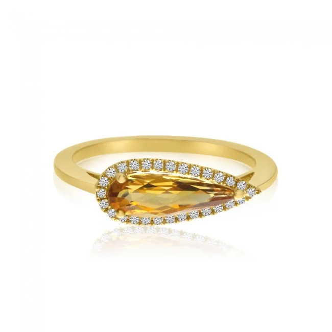 Custom Birthstone Rings-14K Yellow Gold Elongated Pear Citrine and Diamond Semi Precious Ring RM3959W