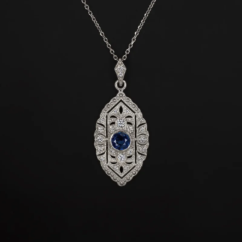 Gold Pendant Necklaces-SAPPHIRE DIAMOND VINTAGE STYLE PENDANT ART DECO NECKLACE DROP DANGLE BEZEL BLUE