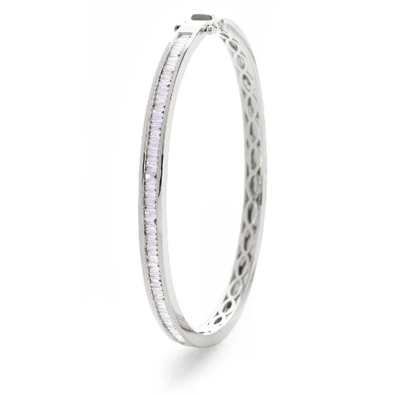 Bangles With Colorful Stones-BAGUETTE CUT DIAMOND CHANNEL HALF SETTING BANGLE IN 18K WHITE GOLD