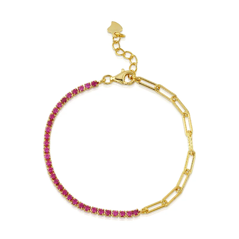 Bracelets With Initials-HALF & HALF PAPERCLIP PINK TENNIS BRACELET, GOLD