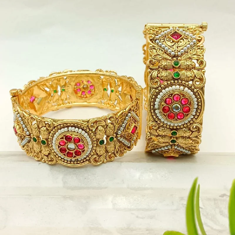 Bangles For South Indian Weddings-FS Collection Gold Plated Pota Stone And Pearls Openable Bangle Set