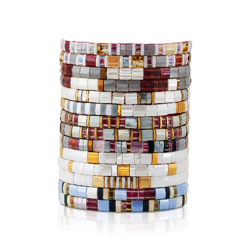 Stackable Bracelets-THIN GLASS BEADED STRETCH BRACELET, WHITE MULTI