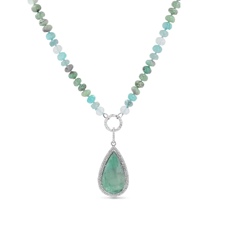 Two-tone Necklaces-Emerald & Diamond Teardrop Pendant on Mixed Green Bead Necklace - 17"  N0003465