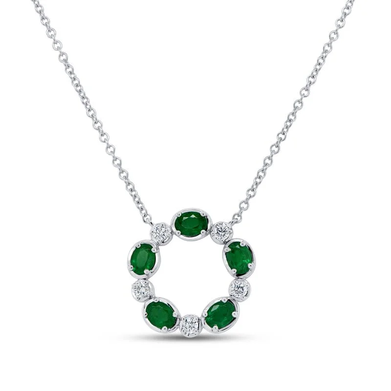 Black Gemstone Necklaces-Medallion Oval Emerald and Diamond Circle Pendant Necklace in 18K White Gold