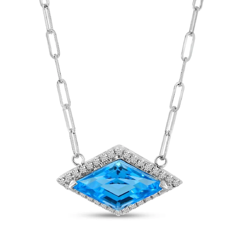 Silver Chain Pendant Necklaces-TRILLION BLUE TOPAZ & DIAMOND HALO NECKLACE P4443W-18