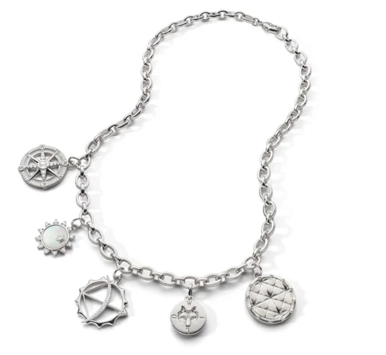 Crystal Pendant Necklaces-Audrey Link Necklace with Five Charm Station Necklace in Sterling Silver, 18"