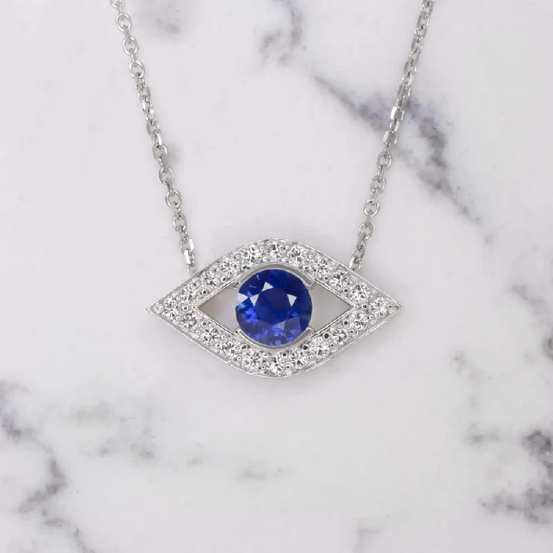 Colorful Gemstone Necklaces-EVIL EYE SAPPHIRE DIAMOND PENDANT 14k NECKLACE TALISMAN CHARM BLUE MARQUISE