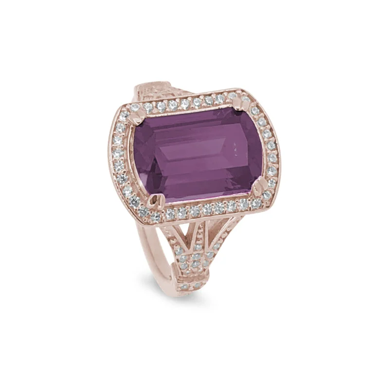 Modern Engagement Rings-Rose Gold Finish Sterling Silver Micropave Emerald Cut Pink Stone Ring with Simulated Diamongs