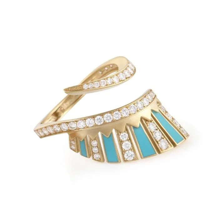 Luxury Diamond Rings-Turquoise Enamel Ethnic Ring with Diamonds