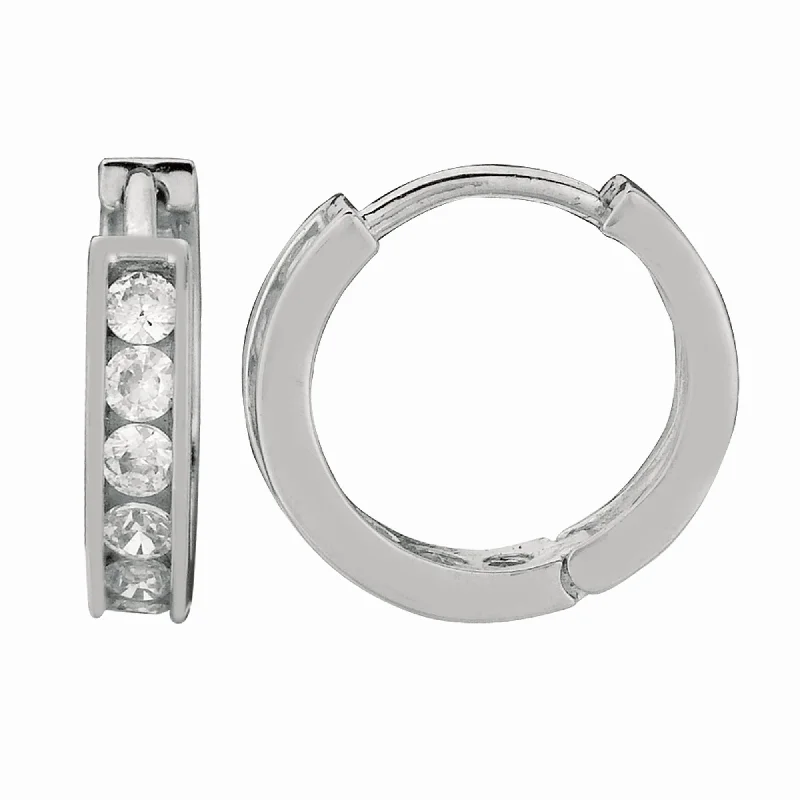 Elegant Silver Earrings-Silver Channel Set 3x10mm CZ Hoop Earrings