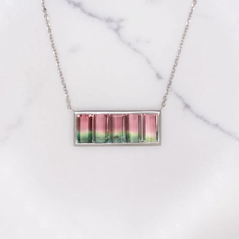 Multi-colored Necklaces-NATURAL WATERMELON TOURMALINE BAR NECKLACE WHITE GOLD PENDANT EAST WEST MOUNTAIN