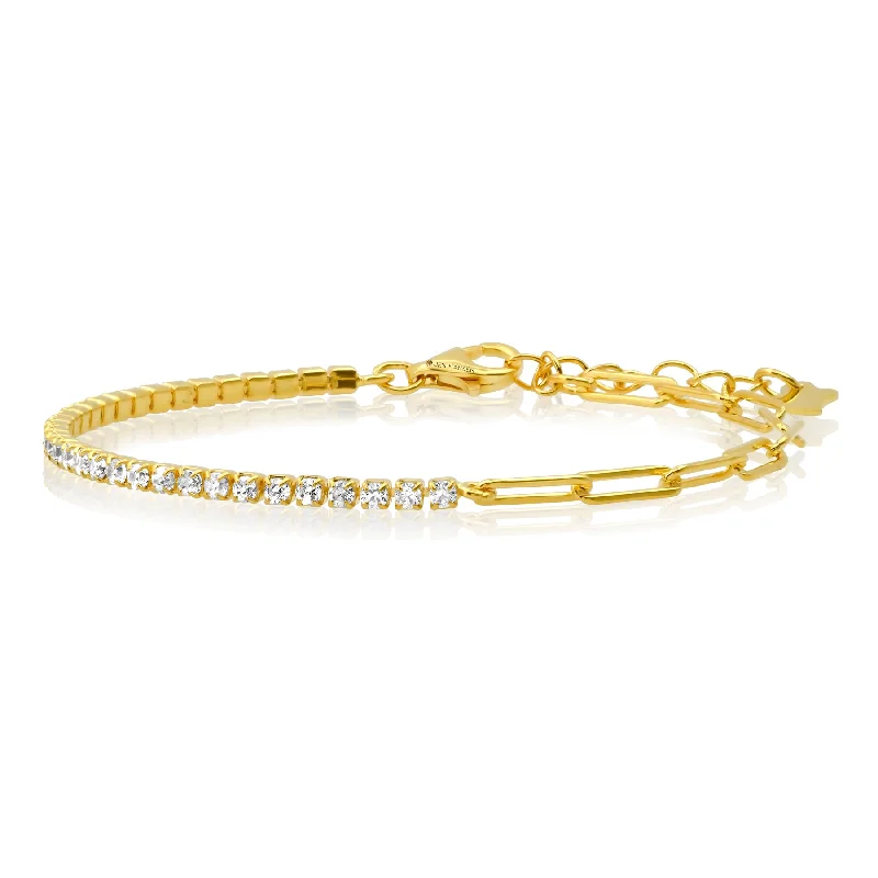 Bracelets For Women With Gems-HALF & HALF PAPERCLIP CZ TENNIS BRACELET, GOLD