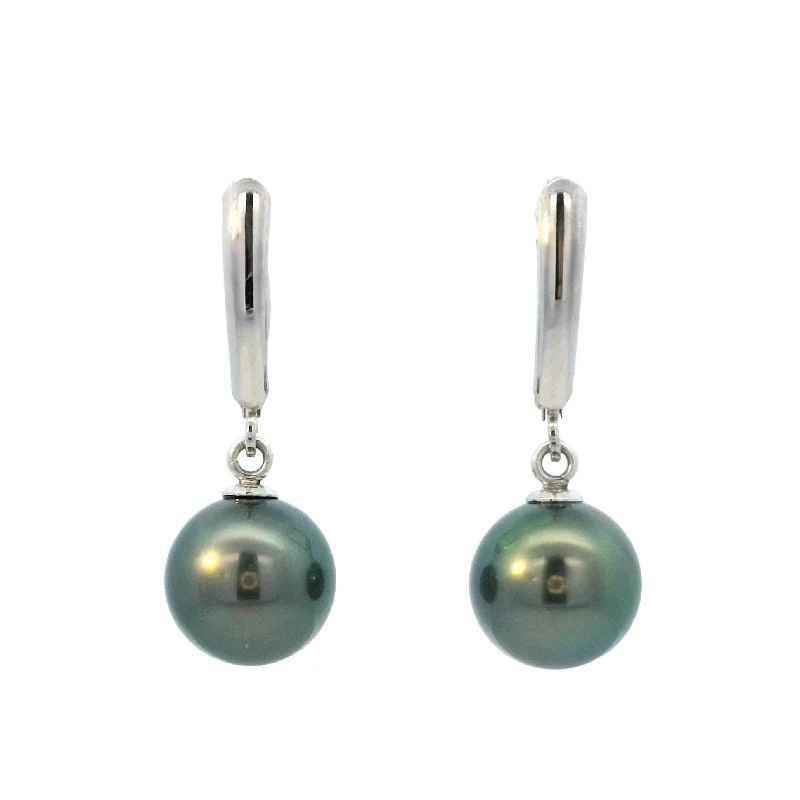 Trendy Crystal Drop Earrings-Tahitian Pearl Leverback Dangle Earrings in White Gold