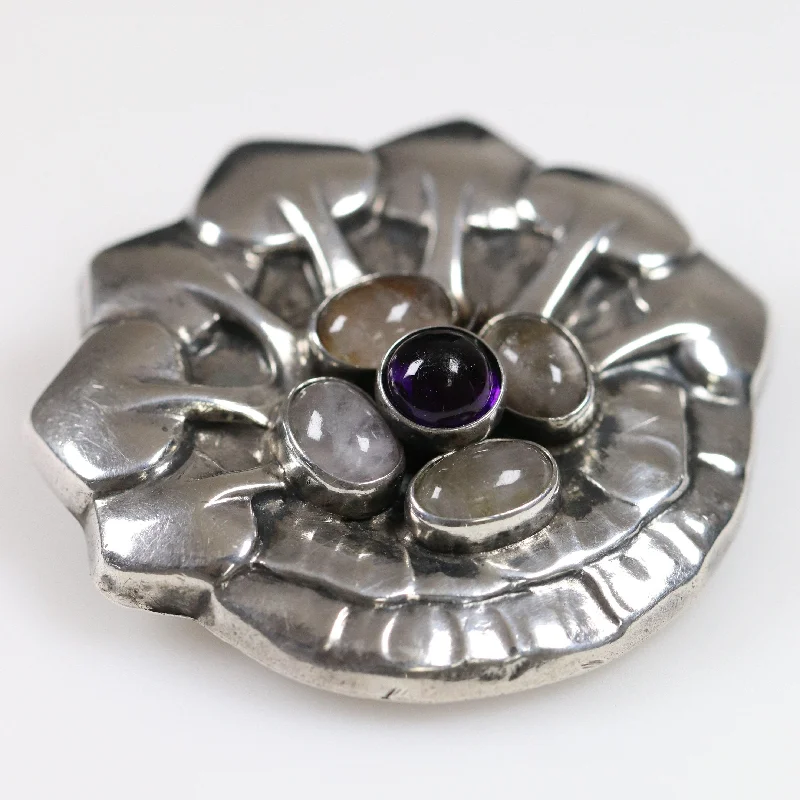 Elegant Brooch For Formal Events-Vintage Georg Jensen Jewelry | Rare Amethyst Rose Quartz Brooch 64