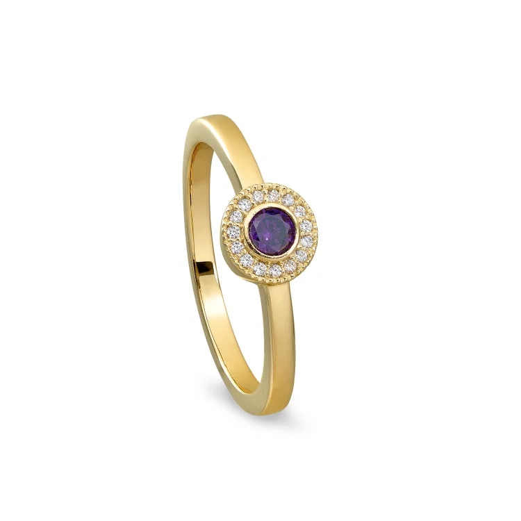 Birthstone Promise Rings-Gold Finish Sterling Silver Micropave Round Simulated Amethyst Ring with Simulated Diamonds Size 4