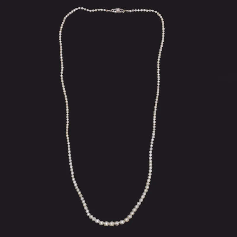 Modern Chain Necklaces-ANTIQUE SALTWATER AKOYA PEARL NECKLACE SAPPHIRE DIAMOND GRADUATED ART NOUVEAU