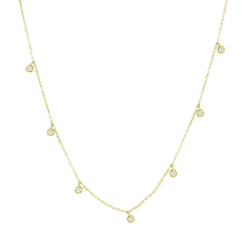 Gold Heart Necklaces-14k Yellow Gold 7 Diamond 0.15ct Station Necklace