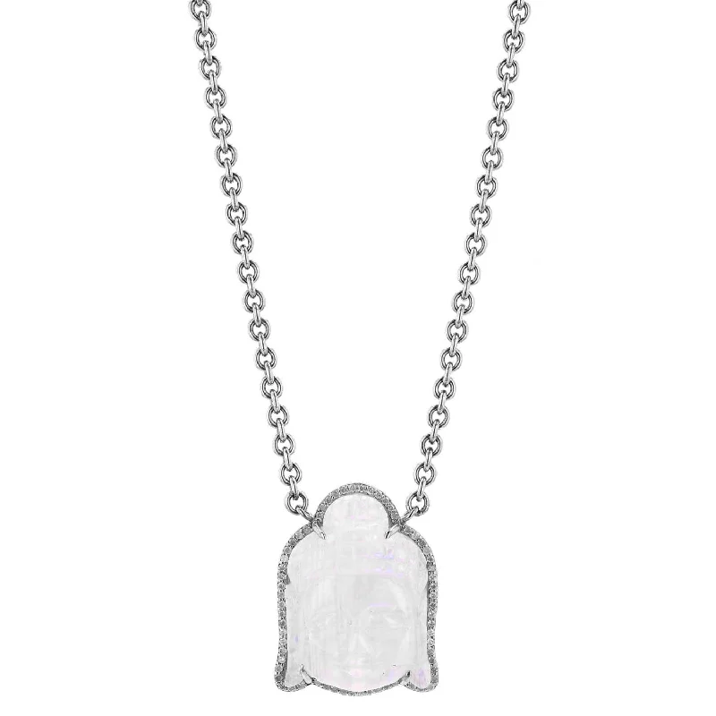 Fashionable Necklaces-Carved Rainbow Moonstone Buddha Necklace N0002695