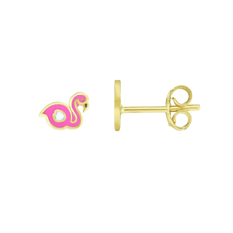 Red Gemstone Earrings-14K Gold Enamel Flamingo Stud Earring